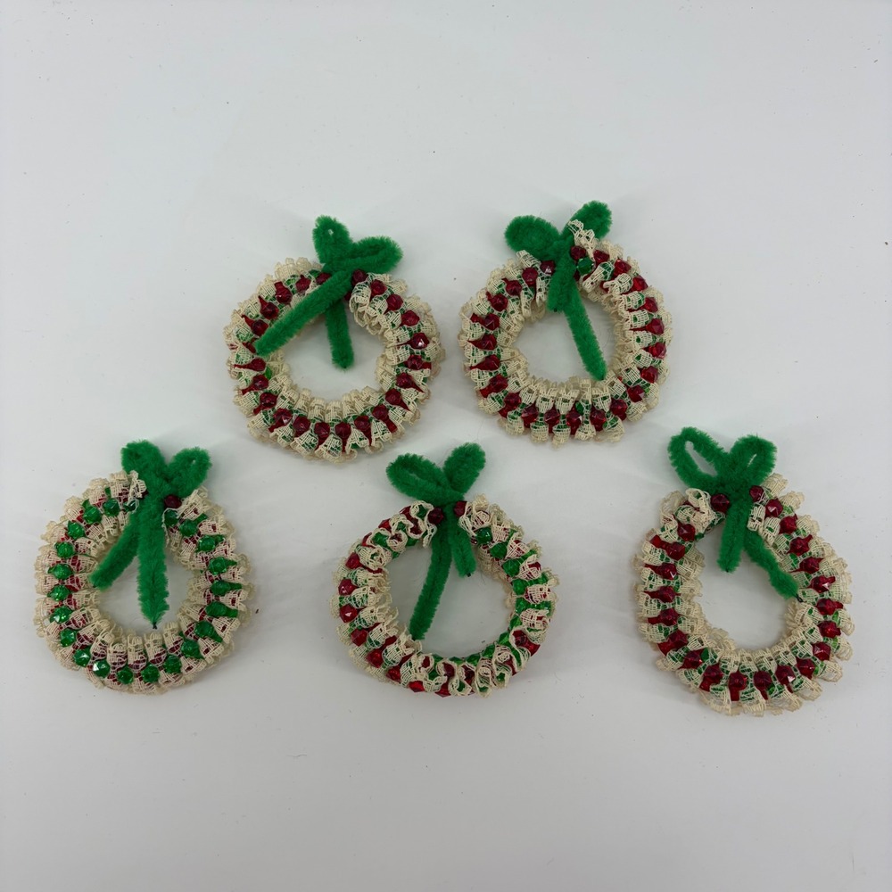 Vintage Christmas Wreath Ornaments Set 5 Lace Beaded Kitschy Handmade Red Green
